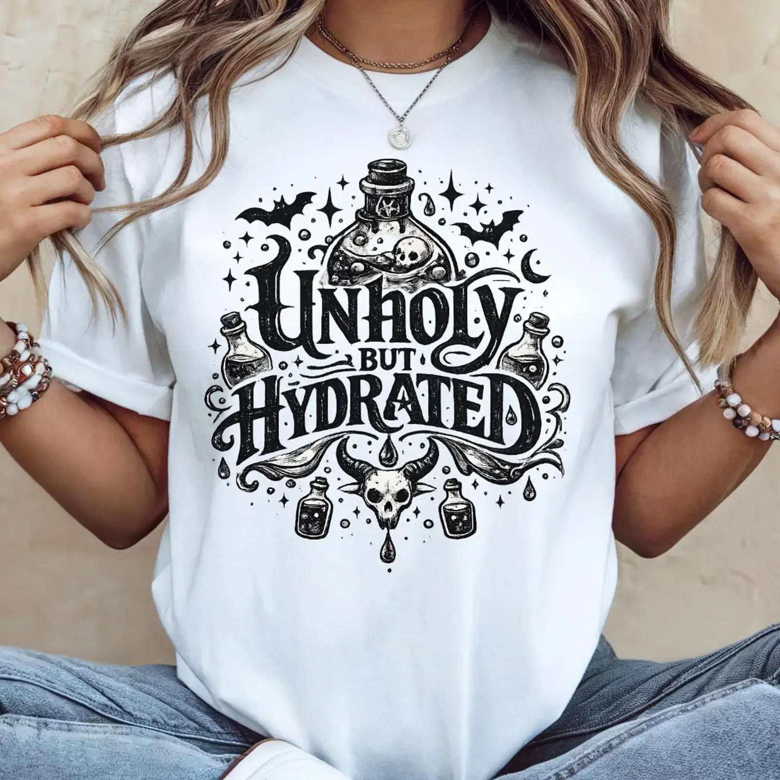 Unholy But Hydrated T Shirt Gothic Wellness Occult Aesthetic Witchy Hydration Humor vintage Washed Breathable Stretched