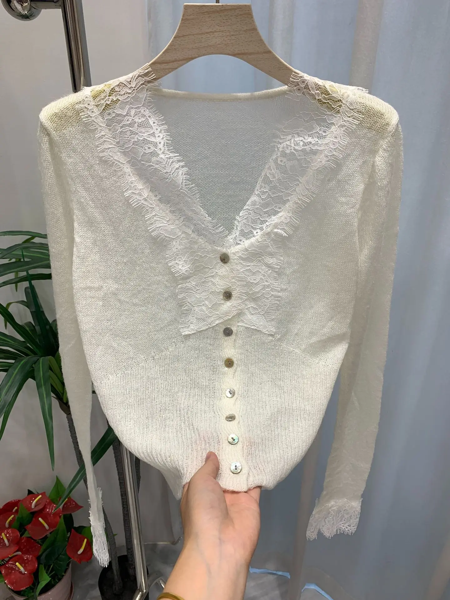 

French Elegant Mohair Cardigan White Lace Detail V-Neck Sweater Clean Girl Aesthetic Spring Top