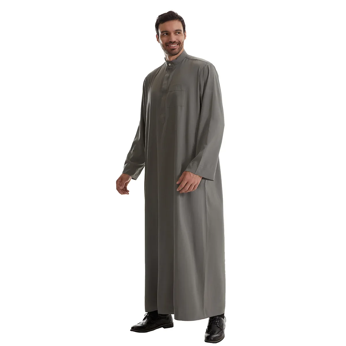 Men's Muslim Robe Islamic Eid Ramadan Juba Kaftan Dishdash Arabian Robe Solid Color Long Sleeve Collar Loose T-shirt Dress Tunic
