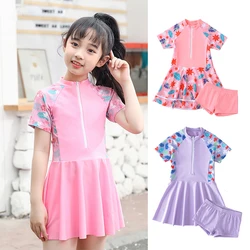Girl One-piece Swimsuit Pink Purple Flower Print Short Sleeve Zipper Swimwear Children Teenage Girls Swim Dress+Underwear Shorts