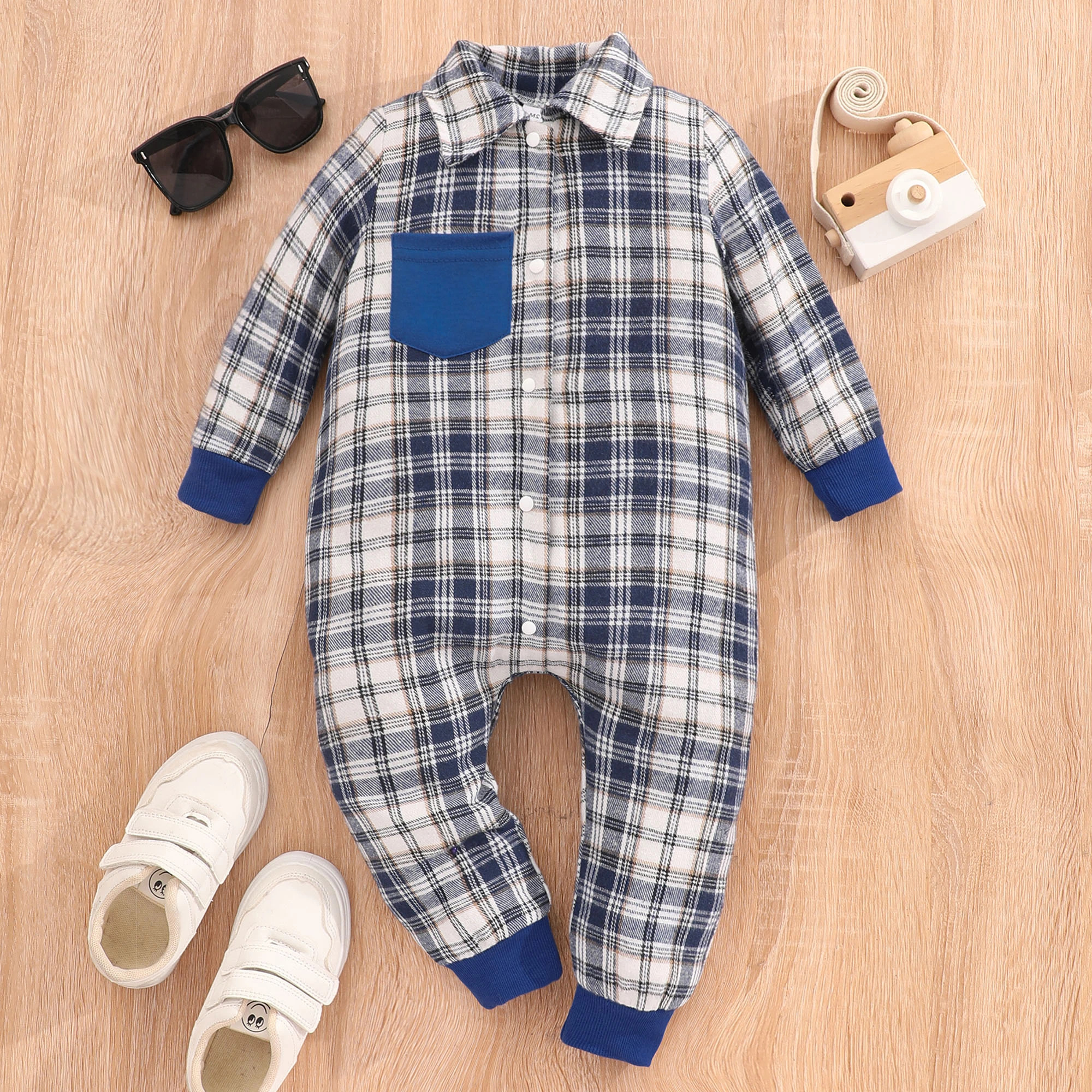 

Kids Boys Clothes Spring Autumn New Long Sleeved Polo Collar Plaid Single Breasted Rompers Casual Toddle Baby Clothing 0-24M