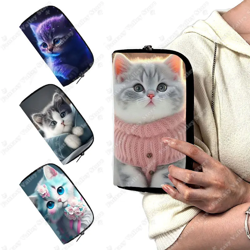 Cute Cat Print Long Wallet Felinae/Siamese Cat Women Purse Key Money Bag Credit Card Earphone Phone Holder Jewelry Organizer