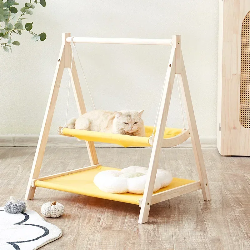 

hot sale Cat Cradle Bed Double Layer Hammock Pet Small Bed Swinging Cat Nest Upper Solid Wood Suitable for All Seasons