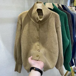 Half high collar lantern sleeve knitted cardigan women's 2023 autumn and winter new lapel outer wear solid color sweater jacket