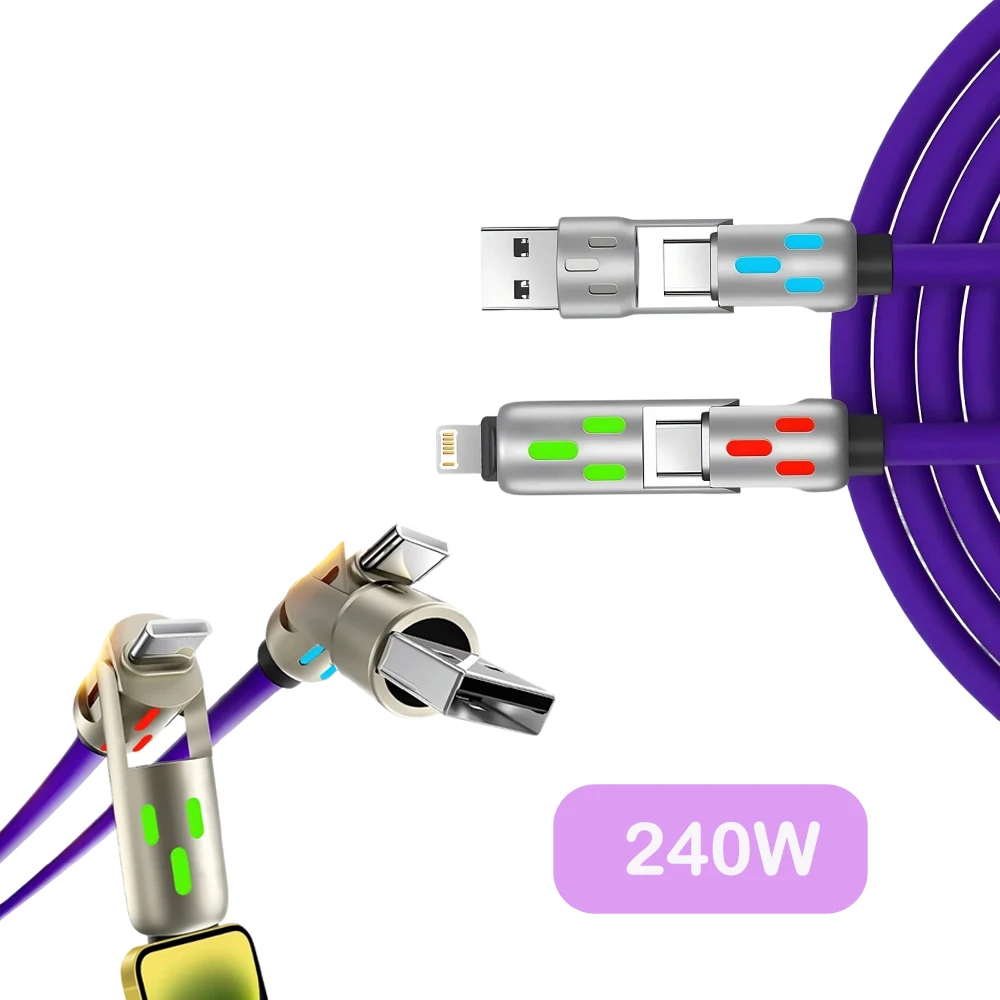

Hot-Selling 4-in-1 Fast Charging Cable Zinc Alloy Silicone Braided Cord with Light Stripe Compatible for iPhone Xiaomi Samsung