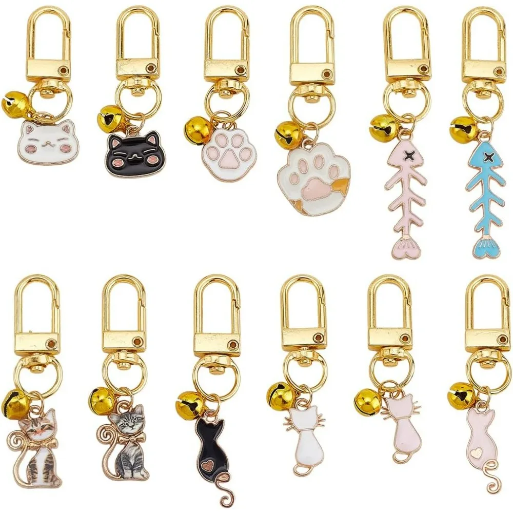 12pcs Cat Dog Collar Bells Charms Pet Enamel Collar Bells Cat Fishbone Jewelry Bell Charms Cat Paw Alloy Collar Charm Bells