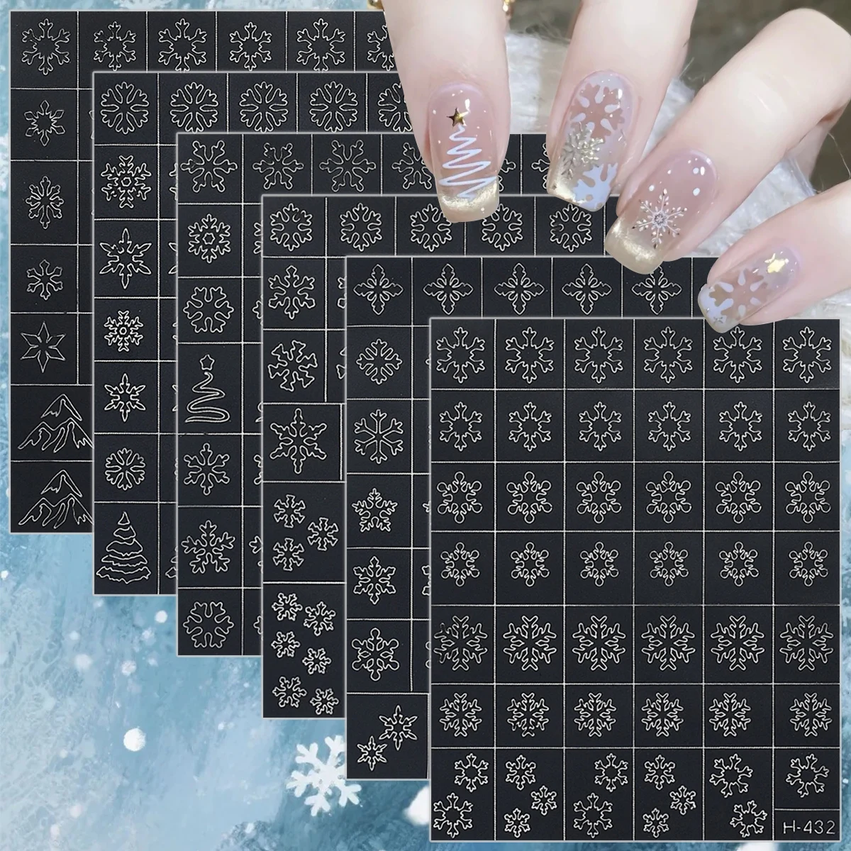 3/6/12 Sheets Snowflake Nail Art Stencils Christmas Winter Tree Pattern Adhesive Airbrush DIY Manicure Xmas Nail Guide Stickers