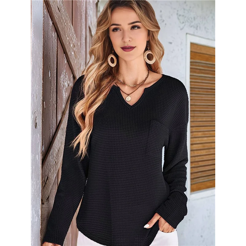 ASDS-dames tops wafelgebreid lange mouwen gekerfde V-hals shirts casual trendy effen kleur losse blouses