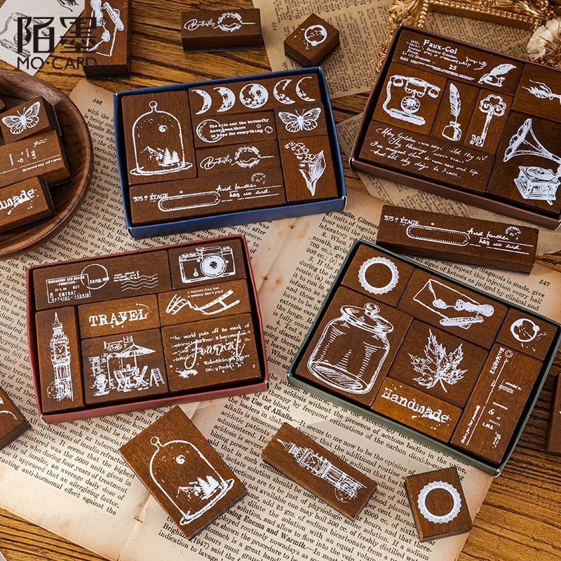 7 Pcs Wooden Stamps Set Floral Moon Butterfly Decorative Rubber Wooden Stamps For Diy Craft Card And Scrapbooking