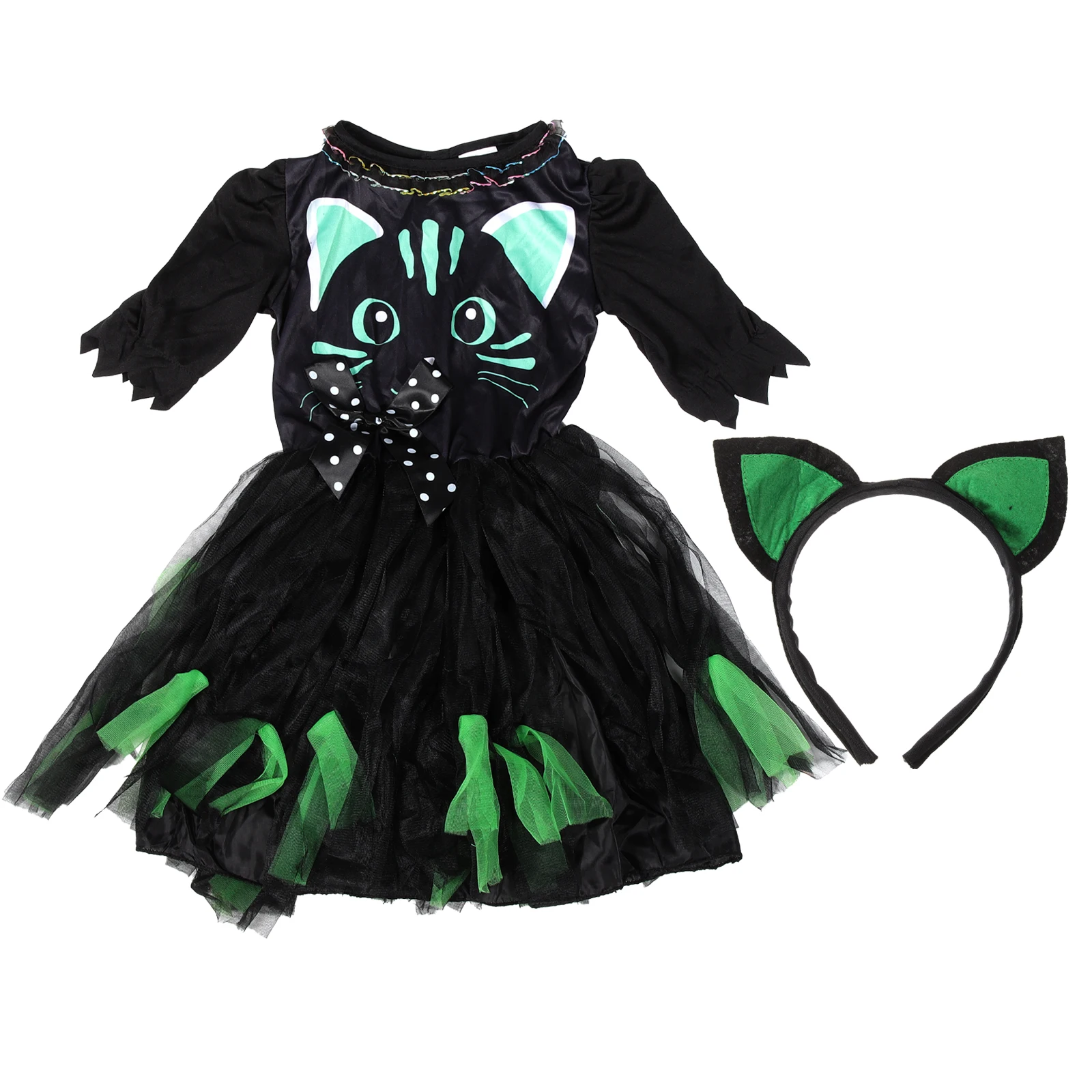 

1Set Girls Cat Costume Classic Color Dress Headband Halloween Cosplay Festival Carnival Dress Cat Costume for Girls