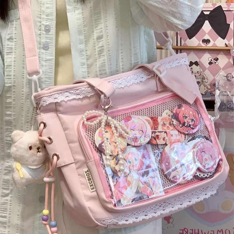 

Richme Dopamine Women Ita Bags 2025 Lace Beading Bow Tote Bolso Mujer DIY Anime Badge Doll Show Commute Crossbody Shoulder Bag
