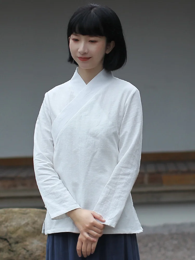 

Китайский хлопковый льняной топ, улучшенная нижняя одежда Hanfu, женская весенне-осенняя одежда небольшого размера для чая дзен