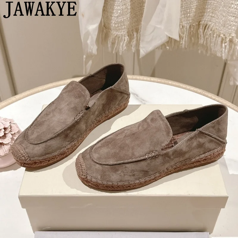 

JAWAKYE/летние лоферы без шнуровки с круглым носком, женские туфли на плоской подошве из замши телесного цвета, простая обувь в стиле панк, повседневная женская обувь для прогулок
