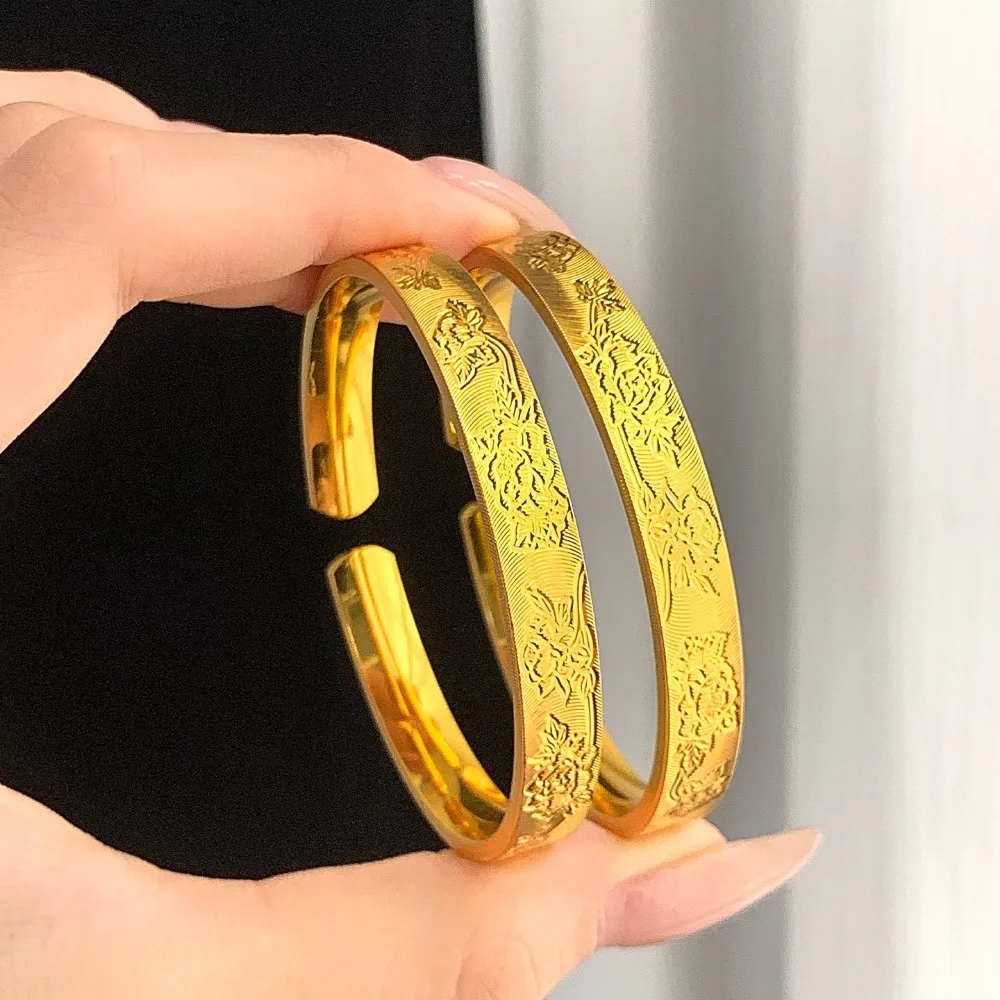 Engraved national color peony pattern bracelet retro style flower opening 9999gold