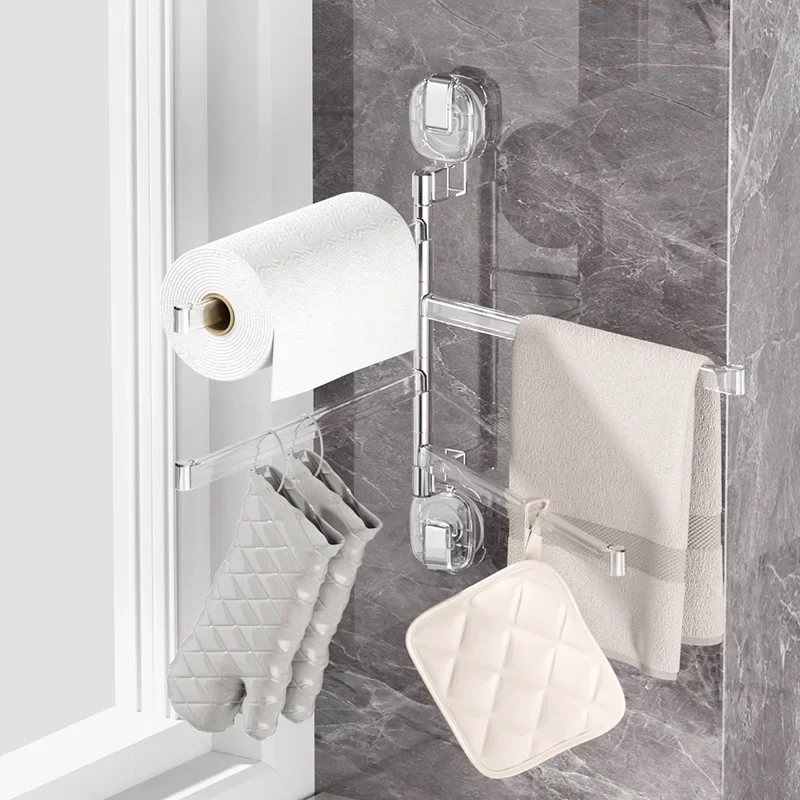 Waterproof Moisture Proof Non Perforated Bathroom Towel Pole Transparent Acrylic Multi Pole Rotating Suction Cup Towel Rack