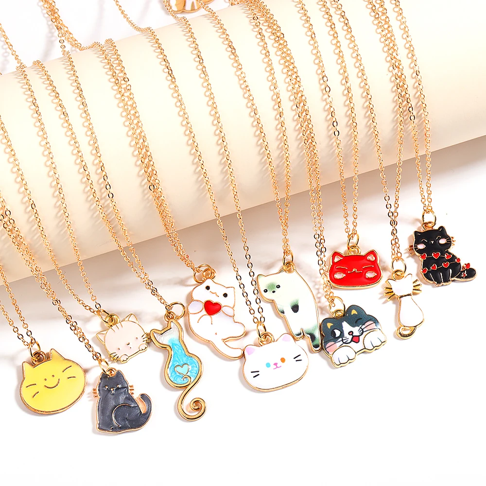 Lovely Mixed Styles Alloy Enamel Cat Animal Pendant Necklace For Kids Girls Cute Charms Necklace Jewelry Party Holiday Gifts