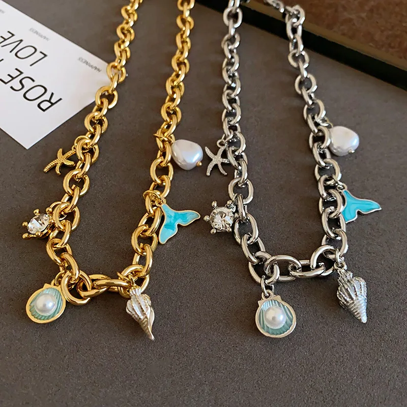 물고기 조가비 바다 스타 쉘 진주 목걸이 여성을위한 멋진 펜던트 칼라 체인 휴가 스타일 장식