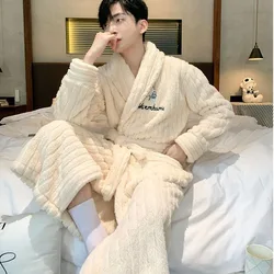 2024 New Autumn Winter Long Nightgown Coral Velvet Bathrobe Long Sleeve Pajamas Men Thickened Flannel Bathrobe Homewear Suit