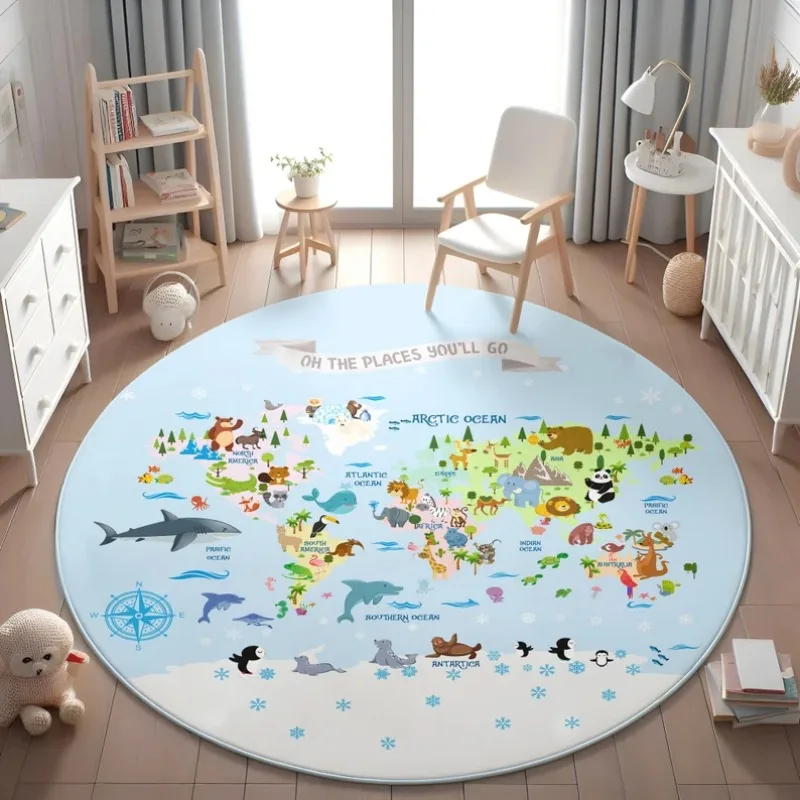 Animal World Map Round Rug Educational  Geography Theme Floor Mat Soft Non-Slip Circle Carpet  Educational Decor