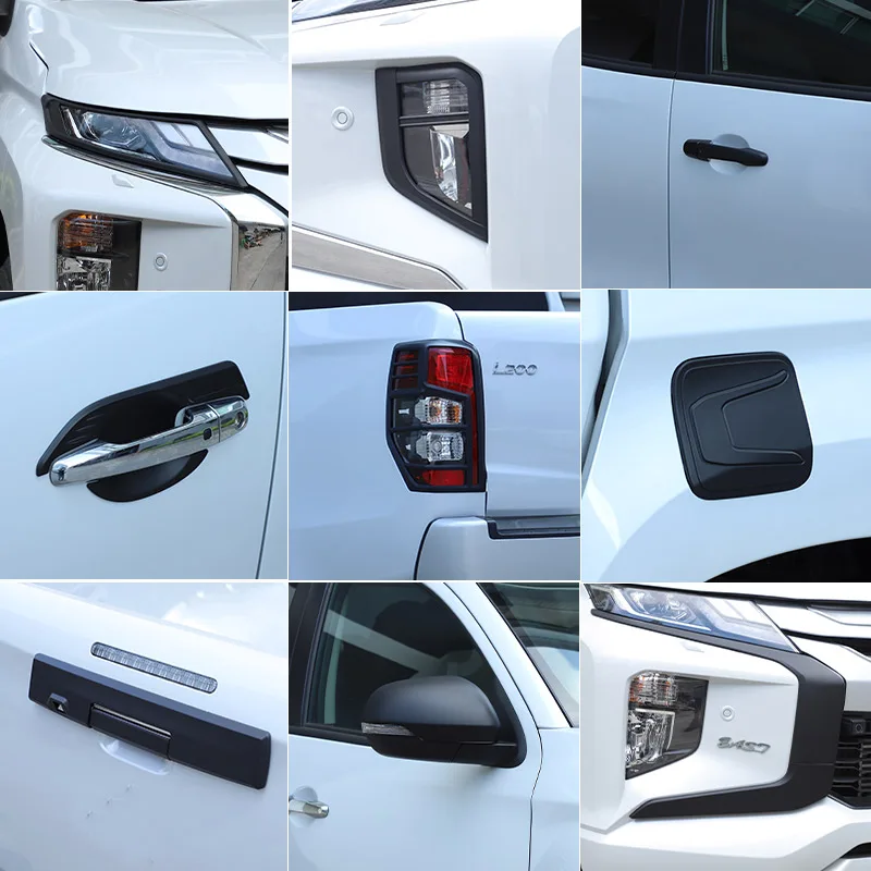 ABS Matt Black For Mitsubishi Triton L200 2019-2023 Car Rearview Mirror Cover Front Rear Lights Cover Door Handle Bowl Accessory
