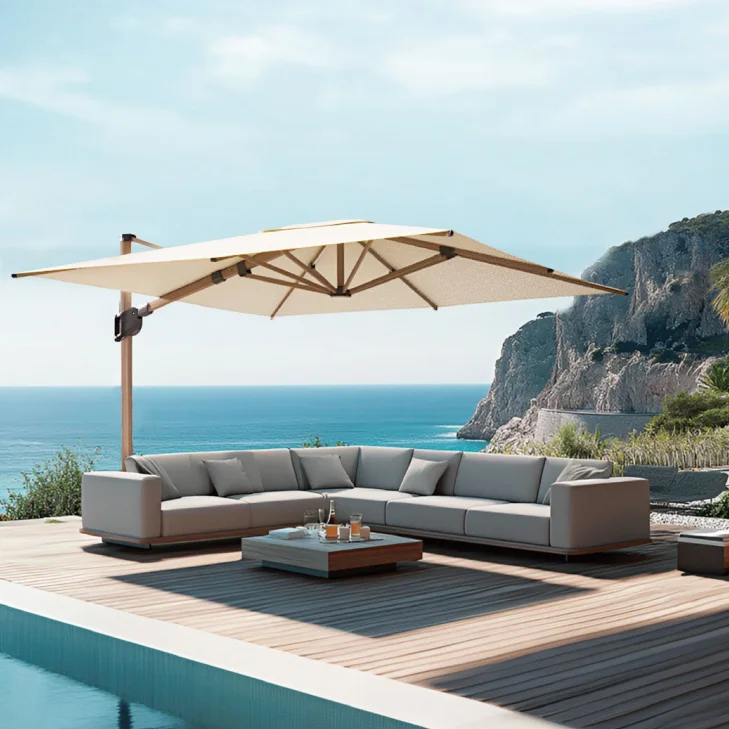 Modern Heavy Duty Outdoor Sun Umbrella Wood Finish Big Parasol Umbrellas 3*3M Square With Light Customized Patio Umbrella