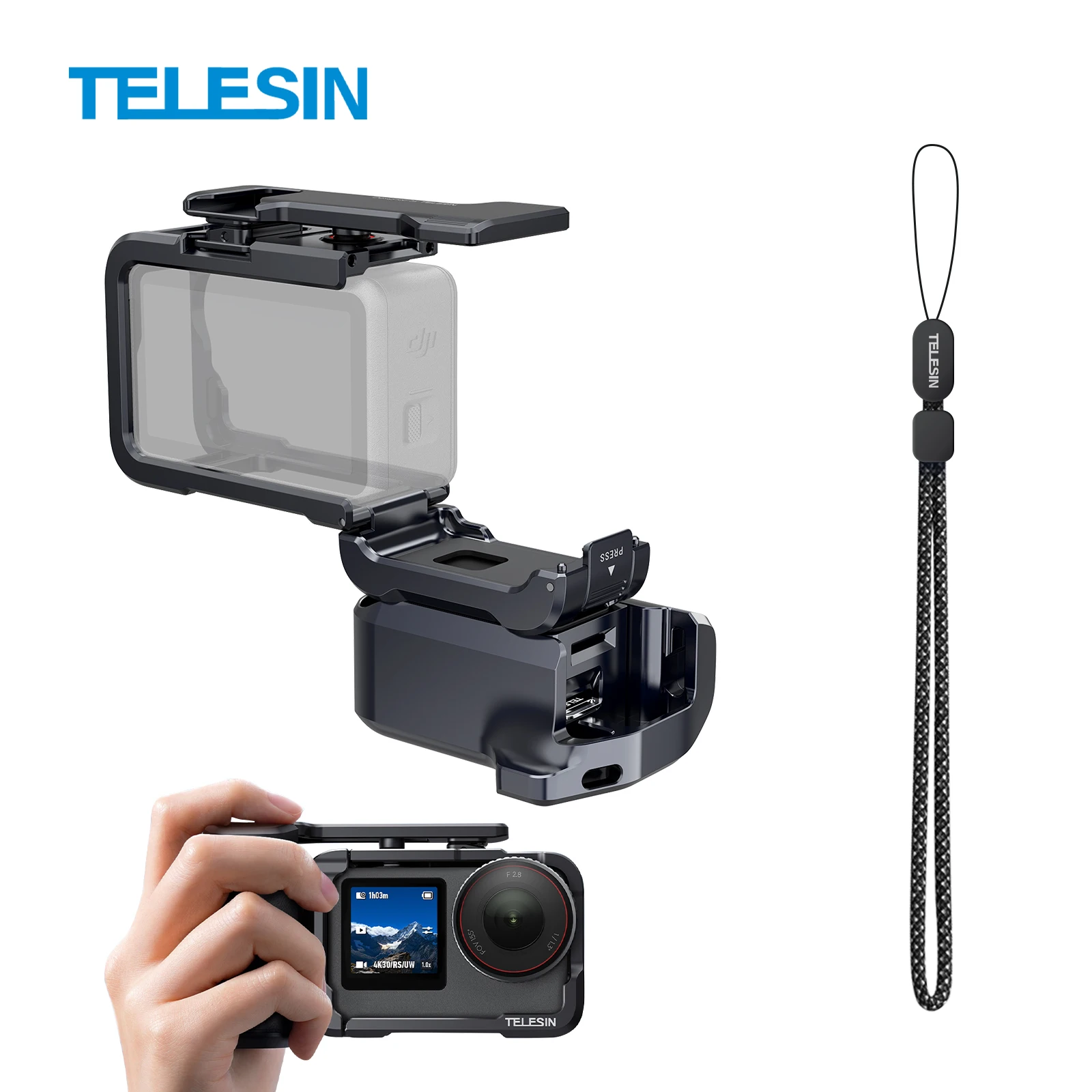 

TELESIN Street Photography Handle for DJI Action 6 Metal Rabbit Cage Street Grip Camera Kit Sports Camera Shooting with Lanyard