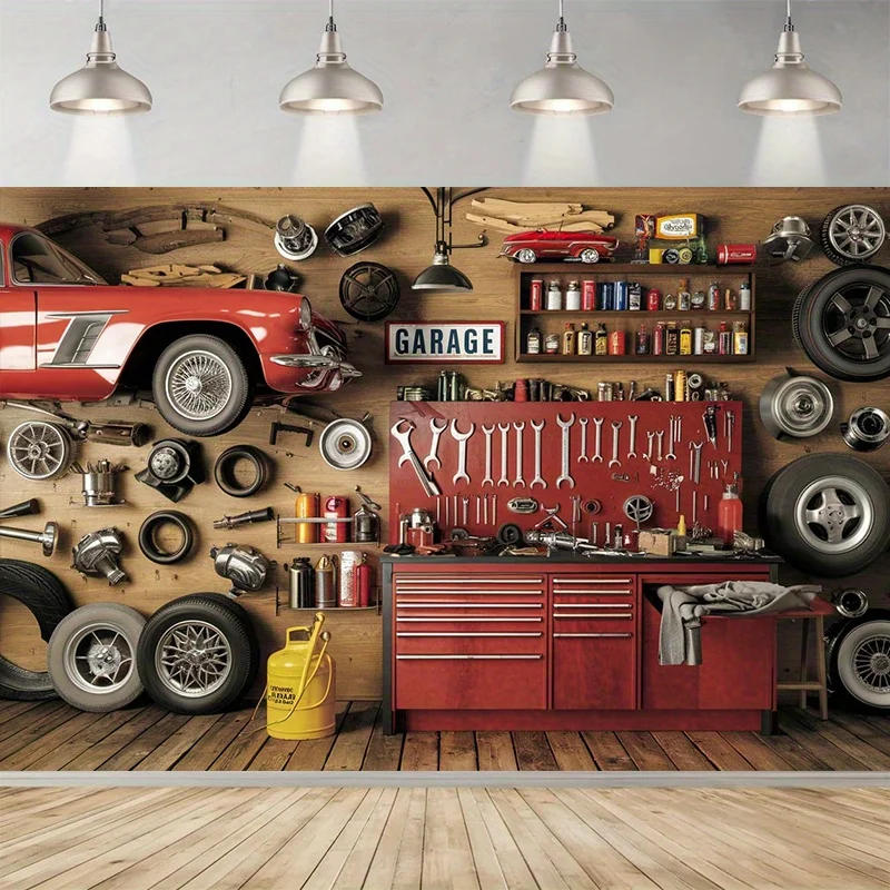 Retro garage workshop party banner | Polyester decorative background | Classic car and toolbox design | Car decorations