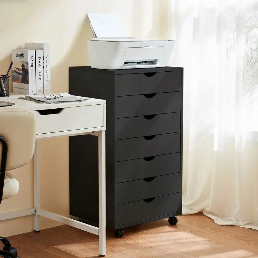7 Drawer Chest For Effortless Organization: Stylish Wooden Dresser With Mobile Wheels, Perfect For Home, Office, And Dormitory S