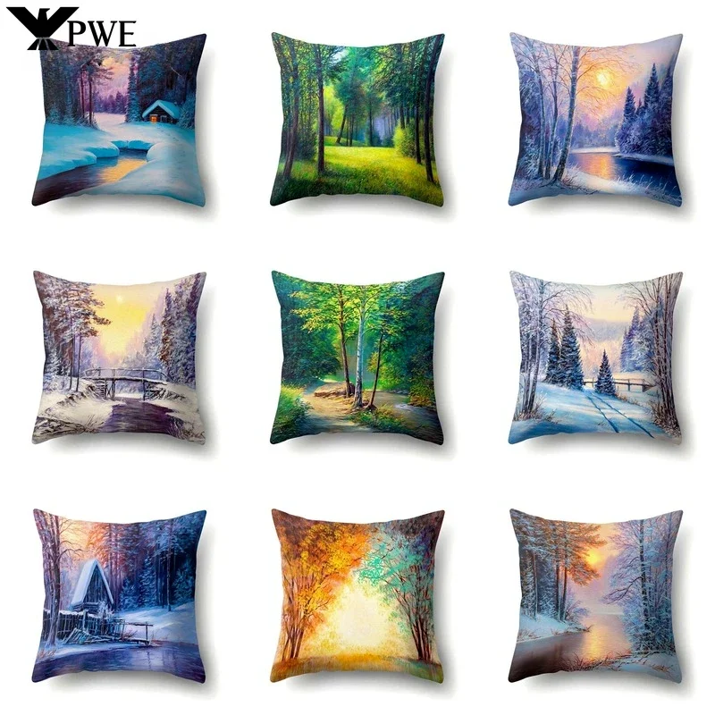 Four Seasons Scenery Decoration Pillow Case Printing Snowflake Christmas Sofa Decoration Cushion Cover 45*45cm