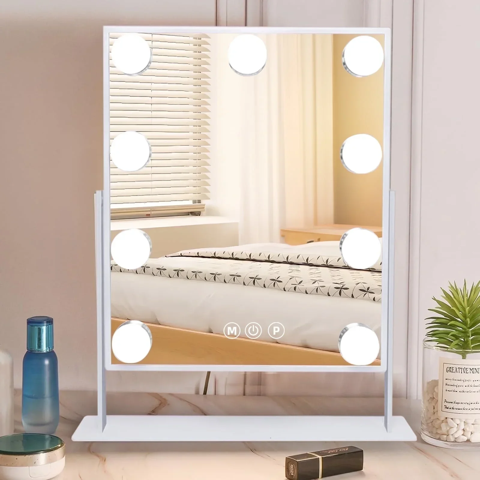 

Illuminated vanity mirror with 9 LED bulbs, with detachable 10x magnifier, 3 color illumination modes, 360° swivel