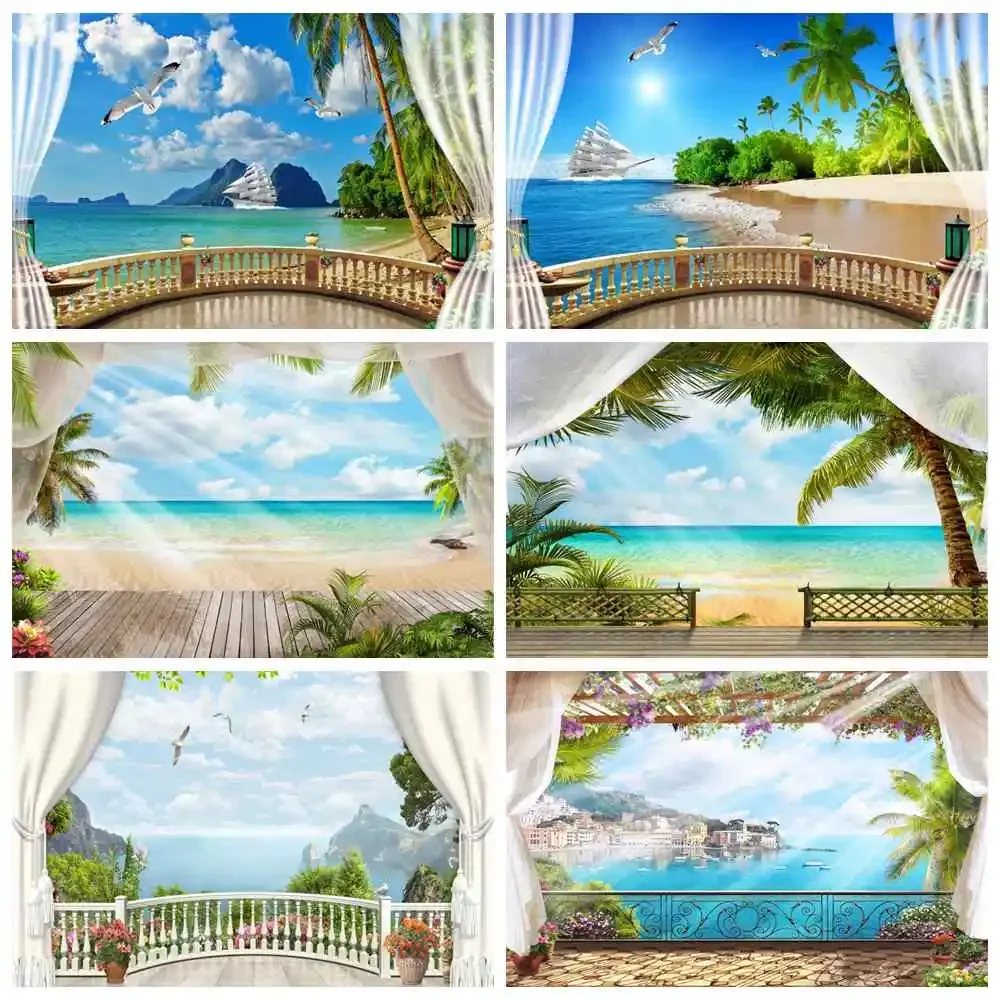 

Tropical Beach Summer Backdrops Photography Blue Ocean Sunset Gull Ship Palm Tree Backgrounds Photo Frame Shooting Photobooth