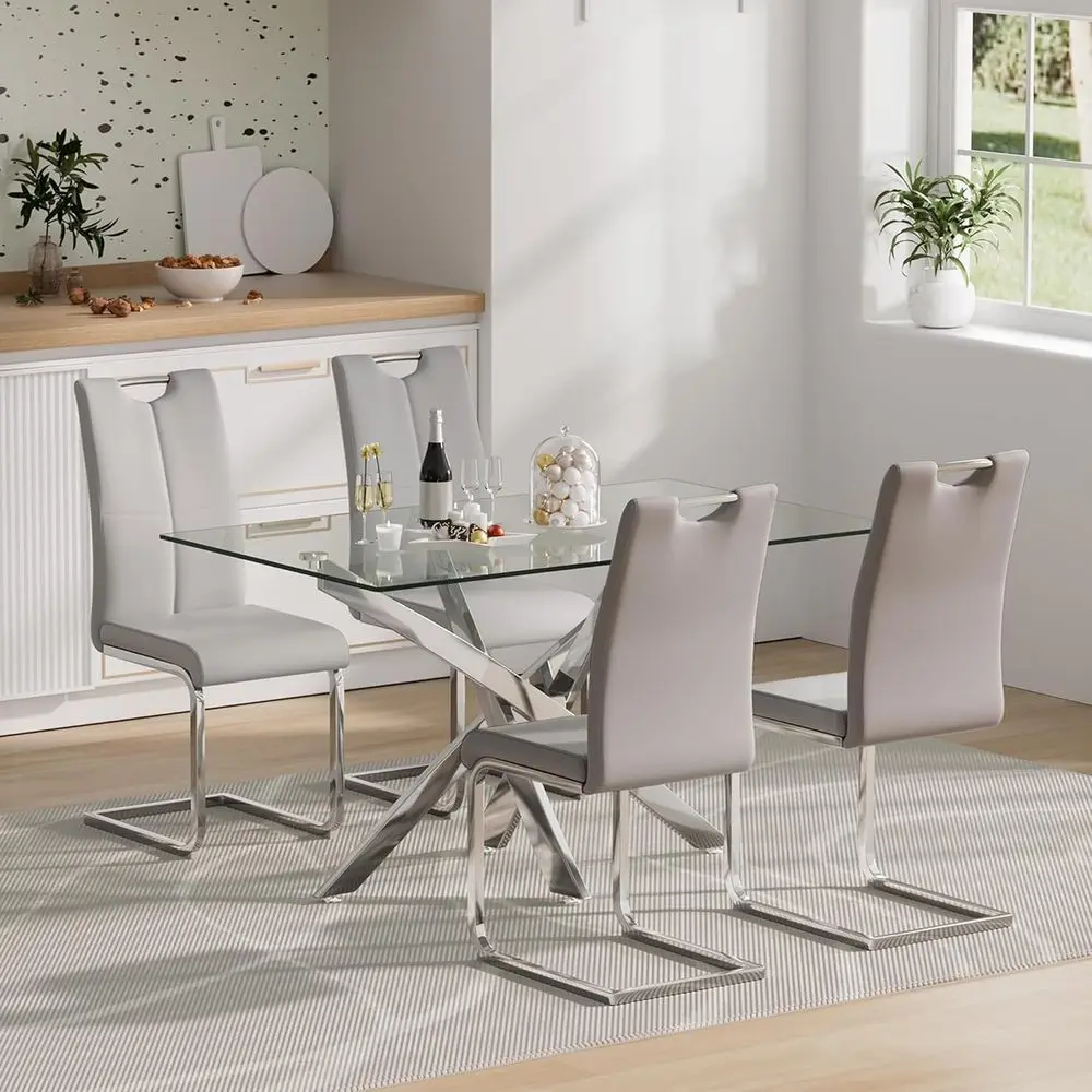 Modern 5-Piece Dining Set with Rectangular Glass Table and 4 Light Grey PU Leather Chairs