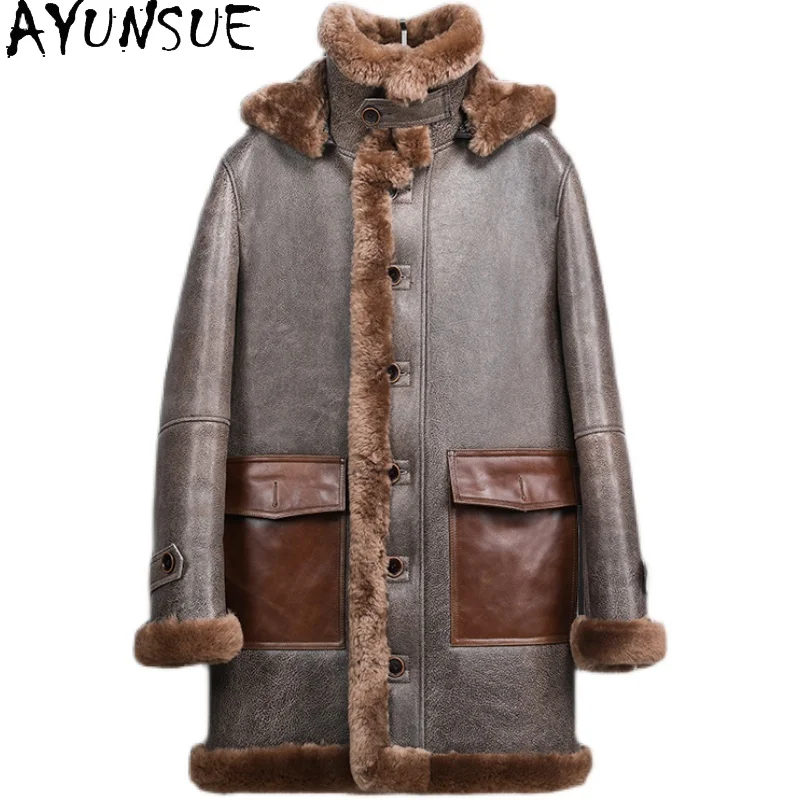 AYUNSUE Naturalny Płaszcz z Futra Męski Luksusowy 2025 Z Kapturem Zimowy Średniej Długości Kurtki ze Skóry Naturalnej Owczej Męskie Super Ciepłe Płaszcze z Futra