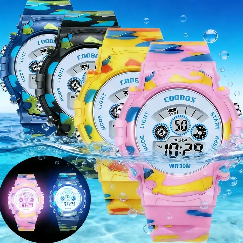 

Спортивные цифровые часы для мальчиков в стиле милитари, детские часы для школьников, модные светящиеся LED-часы с будильником, камуфляжные часы для девочек