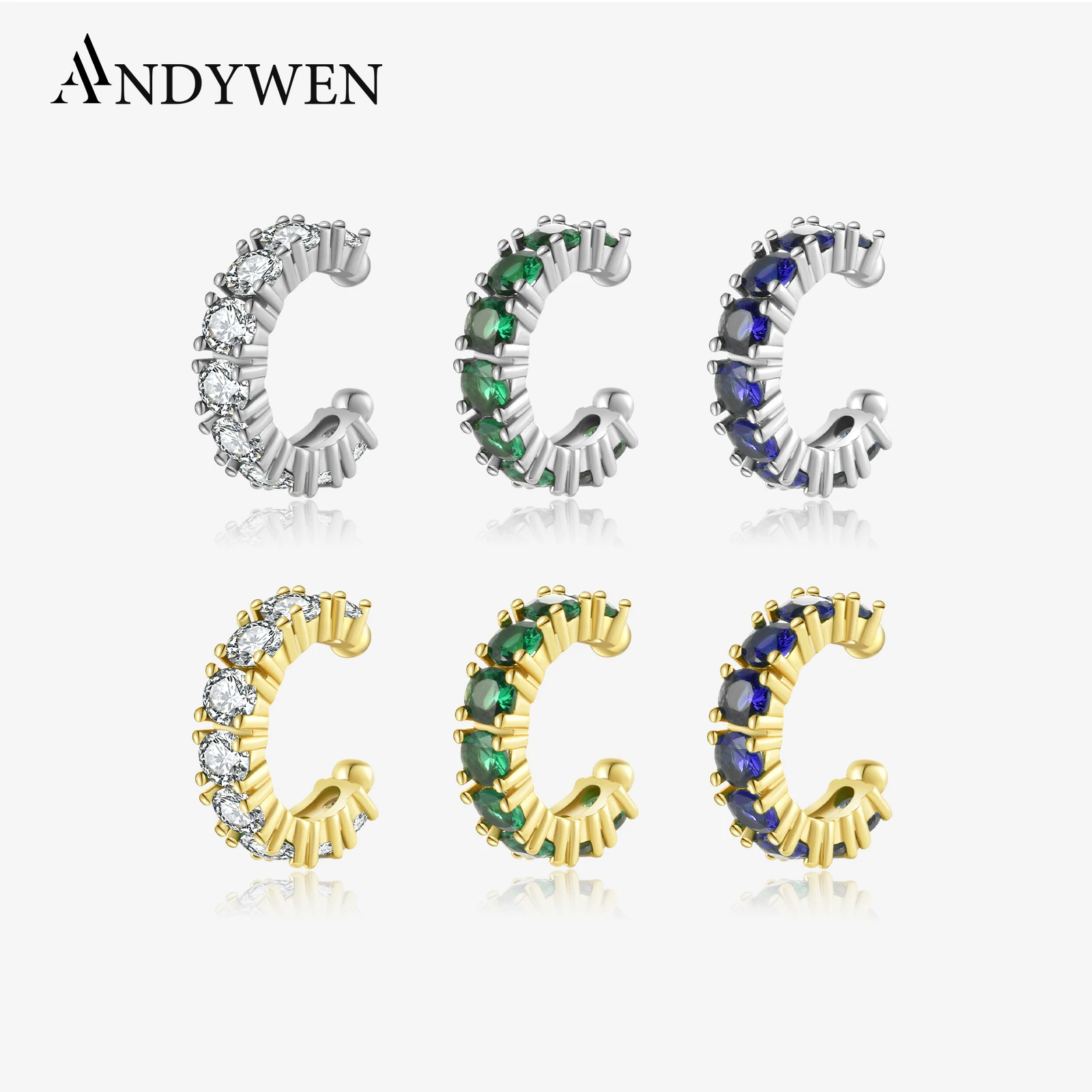 

ANDYWEN 925 пробы серебряные новые 2023 прозрачные циркониевые Зеленые Синие клипсы для пирсинга Серьги-манжеты женские роскошные изысканные ювелирные изделия