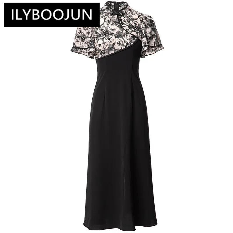 

ILYBOOJUN Fashion Women's New Chinese-Style Stand-Up Collar Short-Sleeved Patchwork Tie Dye Printed Vintage Hip Wrap MIDI Dress