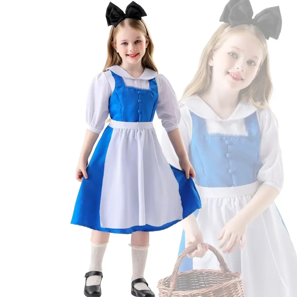 Blaues Deluxe-Kostüm für Kinder, Prinzessinnenkleid, Halloween, Cosplay, Alice im Wunderland, für Mädchen, Lolita, Dienstmädchen, Party, Verkleidung