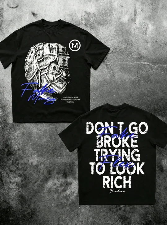 2026 Men Broken Helmet Graphic T Shirt Don't Go Broke Quote Front Back Print Streetwear Crewneck Tee