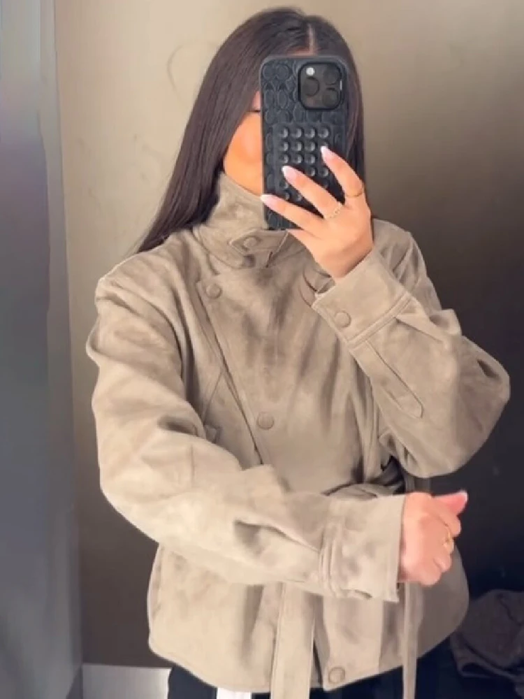 Elegante Damen-Kurzjacke aus Kunstwildleder, Retro-Stehkragen, Langarm, Taillengürtel, Lässiger Mantel, Neue Damen-Herbst-Streetwear für Pendlerinnen