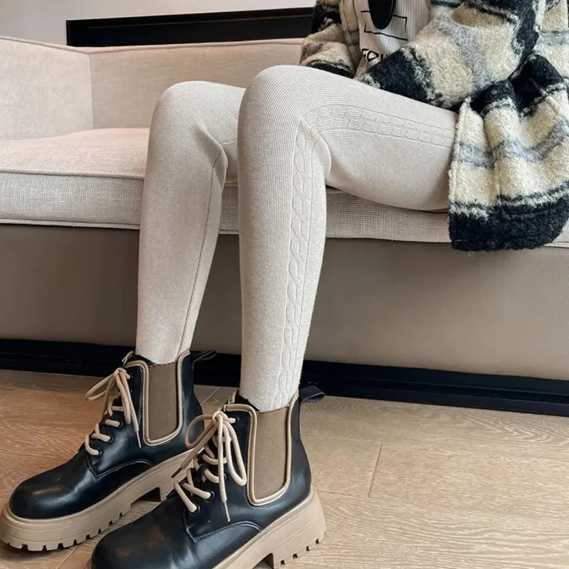 Jacquard Striped Knitted Panties Fall and Winter New High-waisted Versatile Tight Elastic Inner and Outer Wear Small Feet Pants