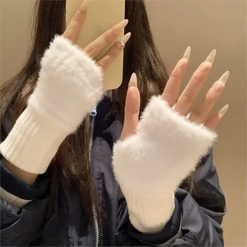 Herbst Winter Weiche Nerz Fleece Halbe Finger Handschuhe Handgelenk Fäustlinge Fahren Handschuhe Frauen Plüsch Gestrickte Finger Handschuhe