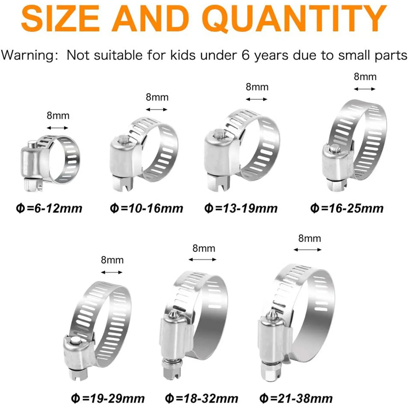20pcs/60pcs Hose Clamp Assortment Kit Stainless Steel Hose Clamps Adjustable 1/4''-1-1/2'' (6-38mm) Swivel Metal Fuel Hose Clamp image 3