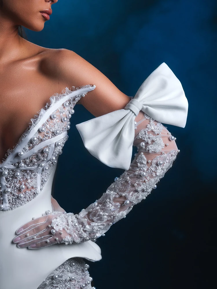 Off Shoulder Mermaid Wedding Dress White Pearl Rhinestone Lace Bridal Gown Long Gloves Oversized Train Luxury Evening Dress