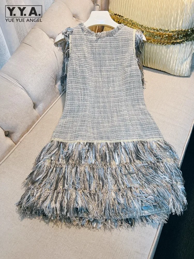 

French Style Elegant Women Tassels Sequined Sleevelss Tweed Dress Slim Fit A Line Wrap Fashion Ladies Twill Party Tank Dresses