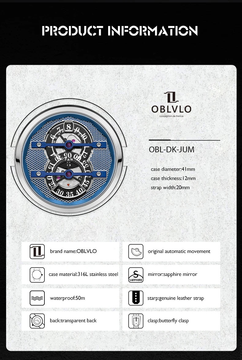 OBLVLO hommes montre de luxe 41MM saut heure automatique mécanique montre-bracelet Vintage squelette lumineux 50m étanche saphir