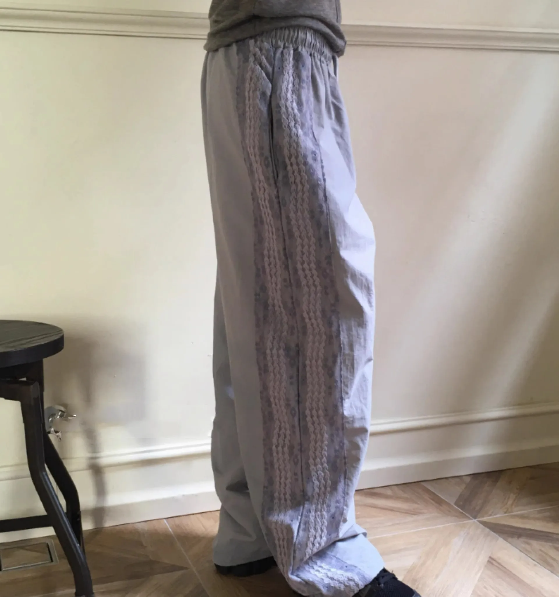 레트로 레이스 스플라이싱 와이드 레그 캐주얼 바지 하이 웨이스트 롱 나일론 여성 전용 디자인 편안한 출퇴근 스타일