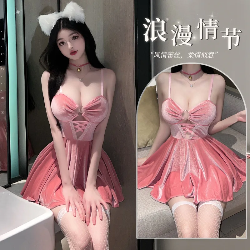 

Lin Linting Sexy Lingerie pajamas Flirting Hot Bed Passion Suspender Skirt Small Breast Size Exaggerating Bra Suit 2625