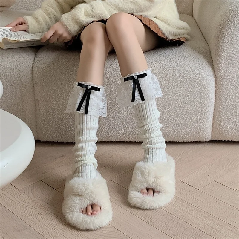 Women's Knit Leg Warmers Cute Bowknot Lace Trim Leg Warmers Knee High Socks Boot Cuffs Slouch Socks for Fall Winter