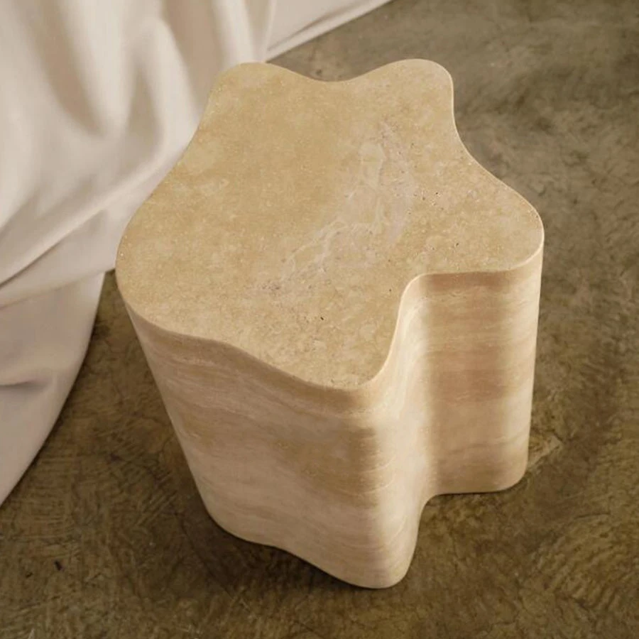 Natural Stone Living Room Furniture Outdoor Side Table Design Marble Fluted Beige Travertine Side Table