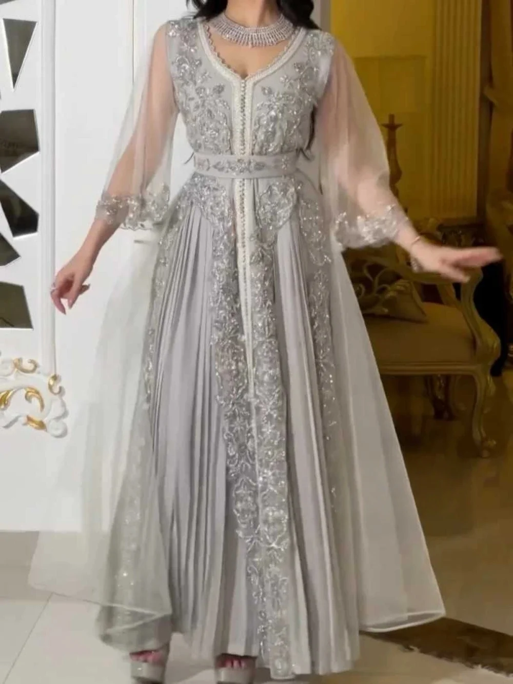 Marokkanischer Kaftan, formelle Abendkleider, A-Linie, lange Ärmel, Applikationen, Perlen, Ballkleider, arabische Partykleider, individuell gestaltet